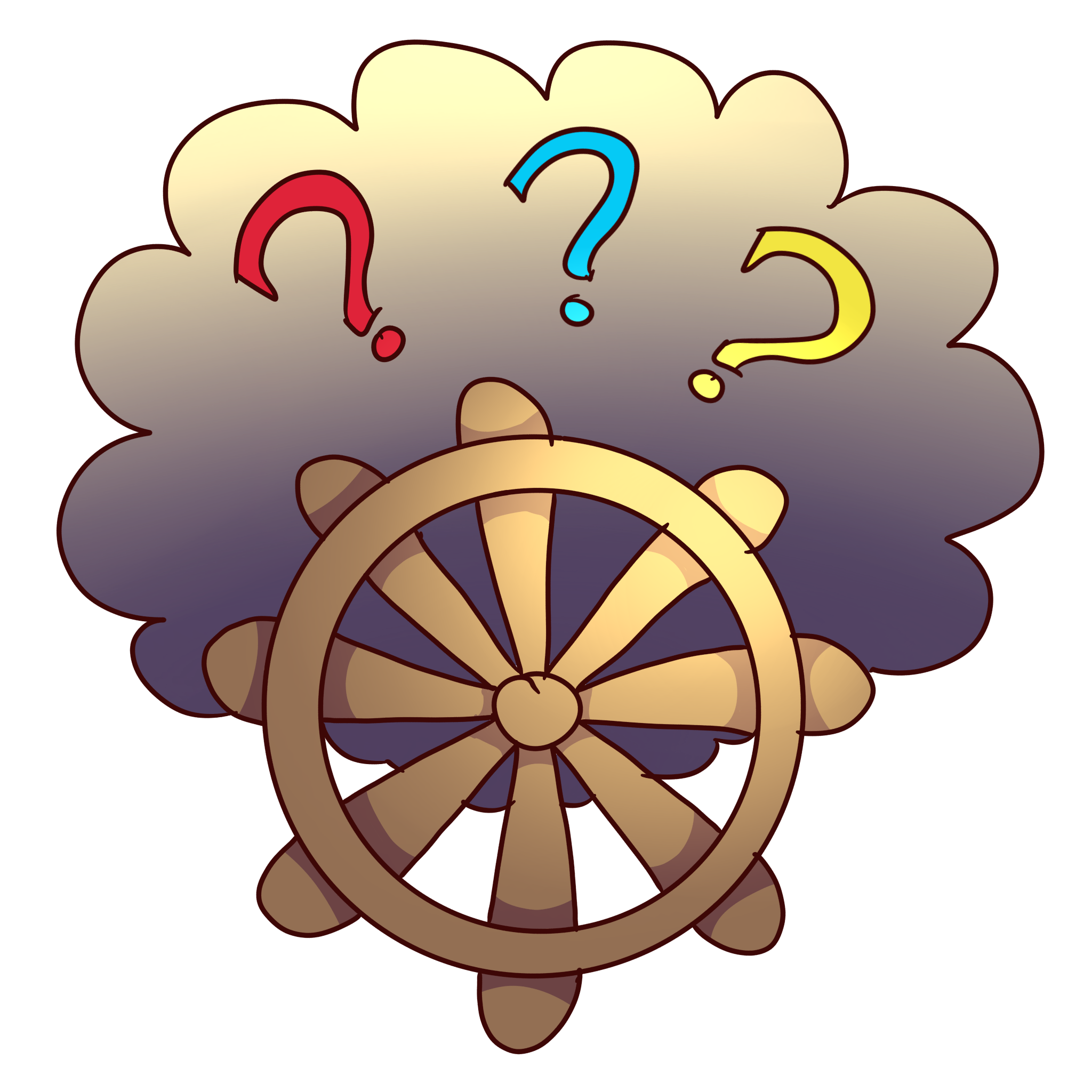 a helm with a grey cloud behind it and multicolored question marks in the cloud